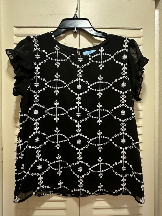 CeCe Tops - CeCe Black Blouse with White Embroidered Pattern and Ruffle Sleeves
